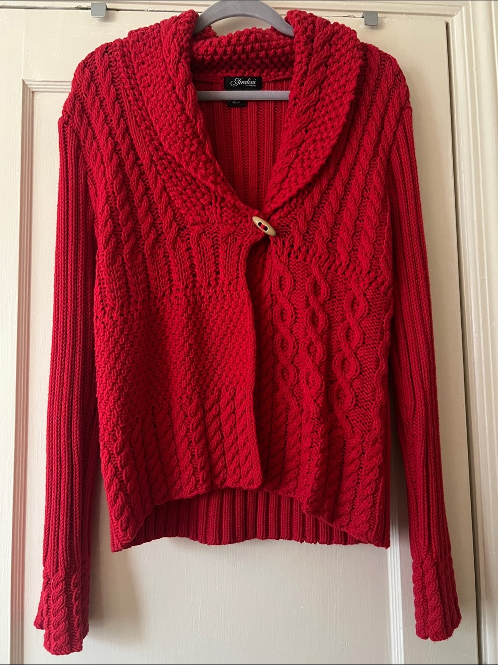 Thredini Bright Red Cable-Knit Shawl-Collar Cardigan